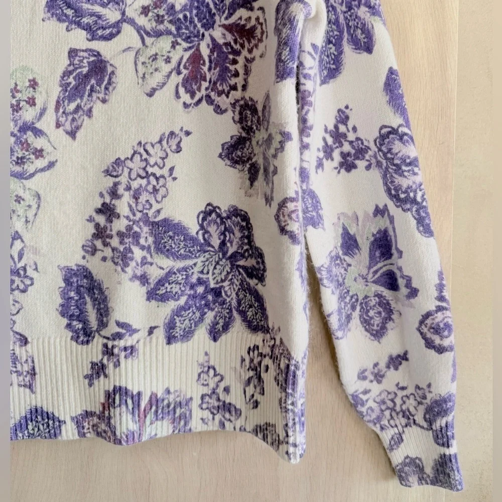 LOFT Floral V-Neck Sweater Purple Off-White Cotton Blend Long Sleeve Women’s Sm